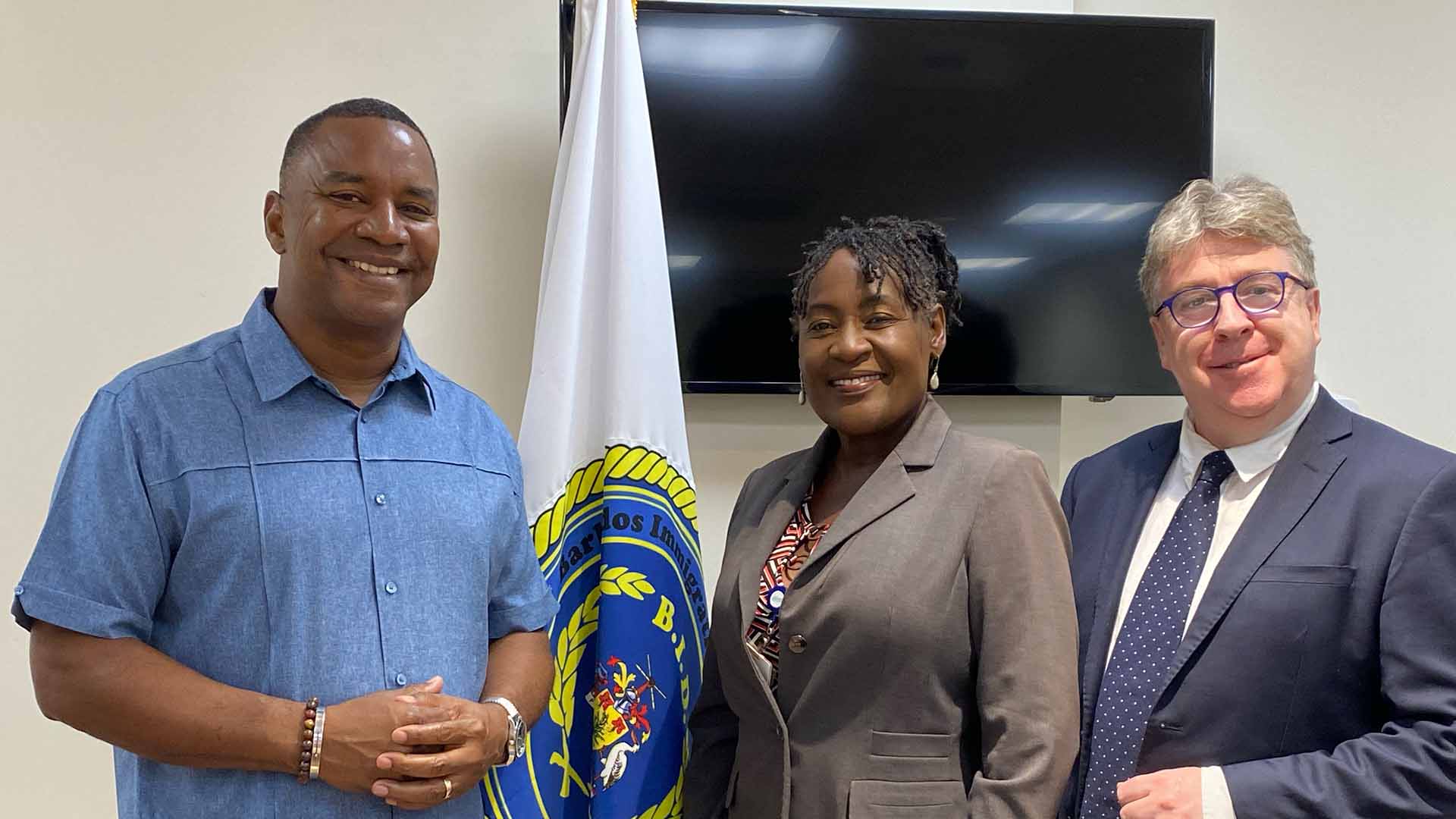 (Left to right) The Hon. Wilfred A. Abrahams, S.C., M.P. Minister Of Home Affairs and Information, Margaret Innis, Chief Immigration Officer, & Prof. Dermot Cahill, HelpUsTrade.